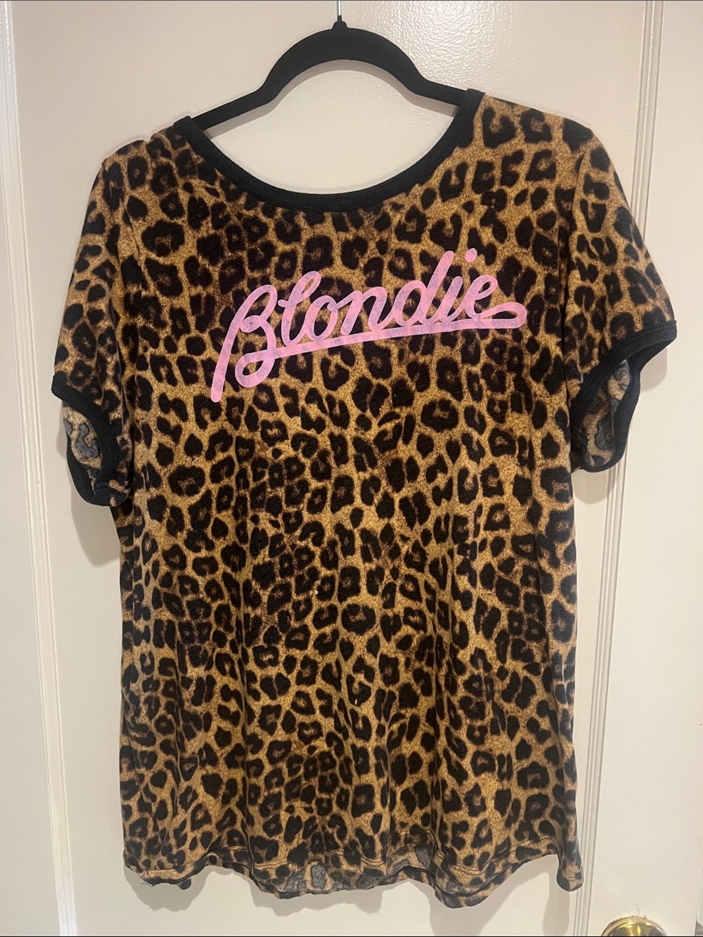 Leopard Print ringer Tee with Pink "Blondie" Script